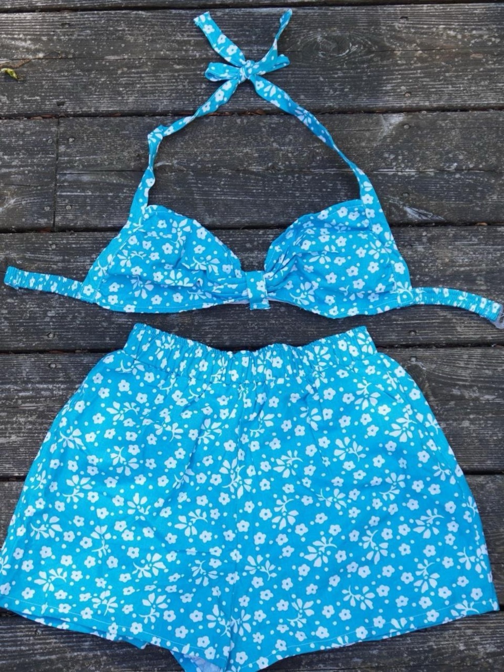 Vintage Blue Floral Two-Piece Retro Bikini Set